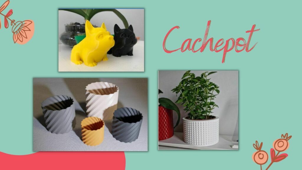 cachepots impressos em 3d para o dia das mães, um em formatoi de cachorro nas cores preta e amarela, um redondo com textura quadriculada na cor branca , quatro redondos com uma textura linear nas cores cinza, branco e amarelo. Todos eles estão em um fundo verde.
