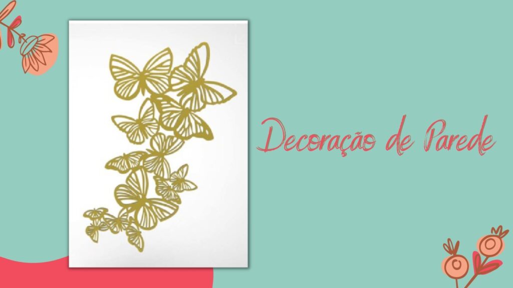 decoração de parede para o dia das mães impressa em 3d em formatos de borboletas na cor dourada 
em um fundo verde 
