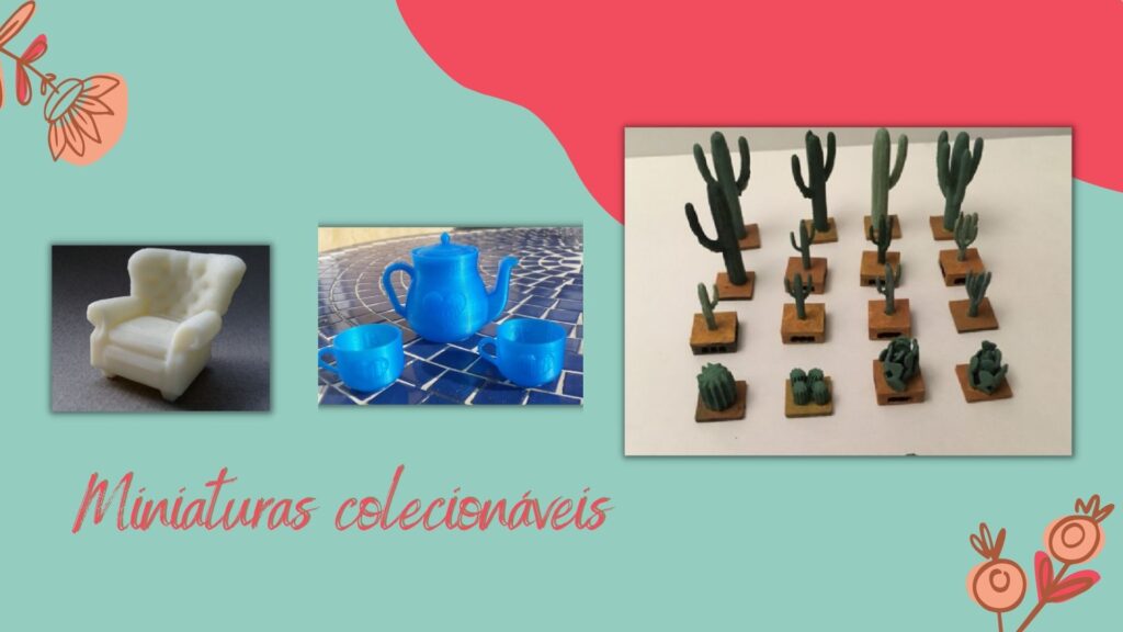 miniaturas colecionaveis impressas em 3d para o dia das maes. Um miniatura branca de um sofá antigo, uma miniatura de um bule e duas xícaras de chá azuis e miniauras de cactos verdes com vasinhos marrons, todas estão em um fundo verde. 
