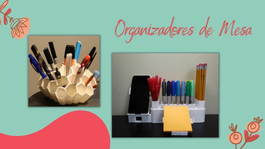organizadores de mesa impressos em 3d para o dia das maes. Ambos são brancos e servem para colocar canetas, pincéis e celular. eles estão em um fundo verde.