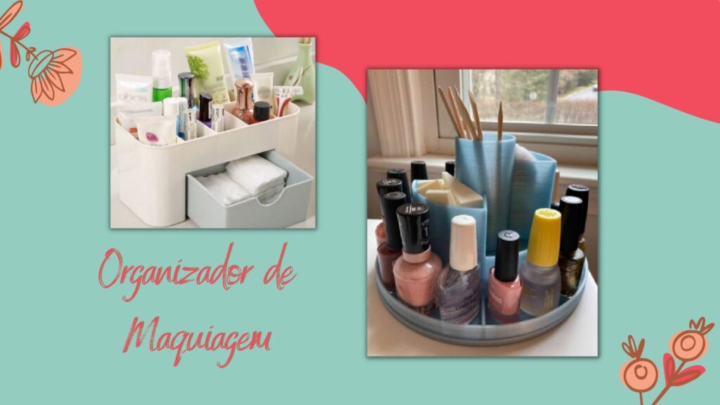 organizadores de maquiagem e esmaltes impressos em 3D para o dia das mães, um é branco e contem uma gaveta e o outro é azul claro girtório e serve para colcoar esmaltes