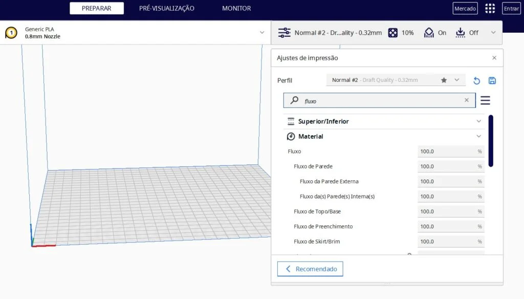 Programa Cura ajuste de Fluxo de Filamento