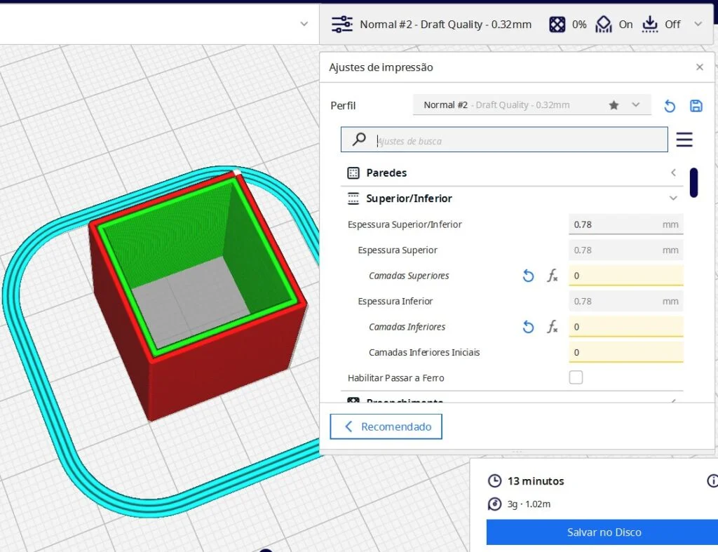 Nenhuma camada de topo ou base para o cubo de teste de fluxo