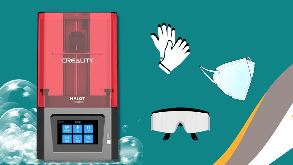Impressora 3D Halot One e acessórios de segurança como luvas, máscara e óculos