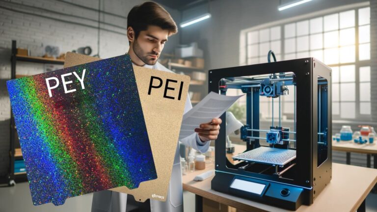 Banner com um engenheiro analisando uma impressora 3d e 2 laminas ou placas de PEY e PEI de mesa PEY para impressora 3d em destaque