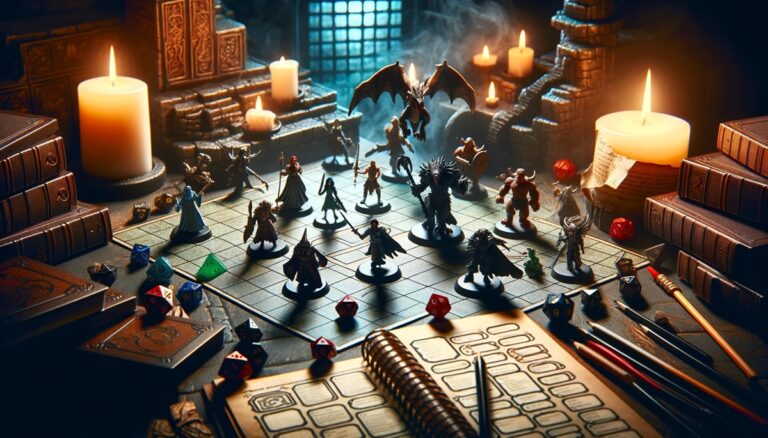 Tabuleiro d&d dungeon & dragons com personagens de rpg e impressora 3d