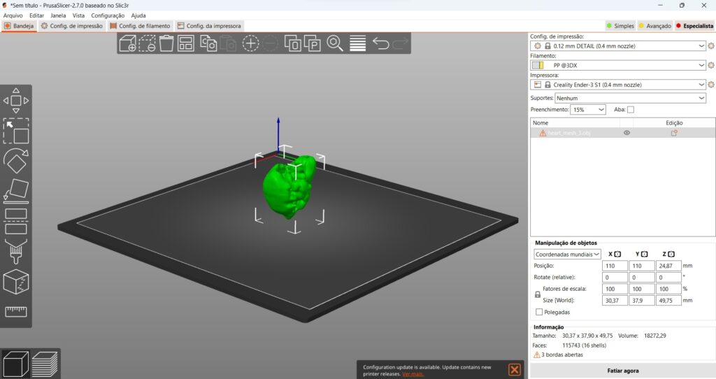 modelo 3d coração feito com ia no fatiador prusa slicer