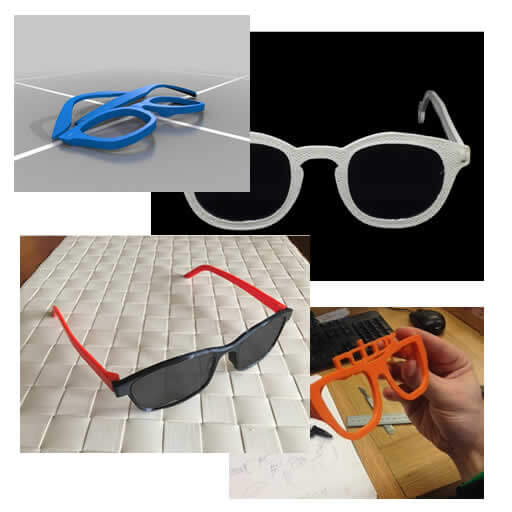 Quatro fotos demonstrando óculos de sol que podem ser impressos com impressora 3d